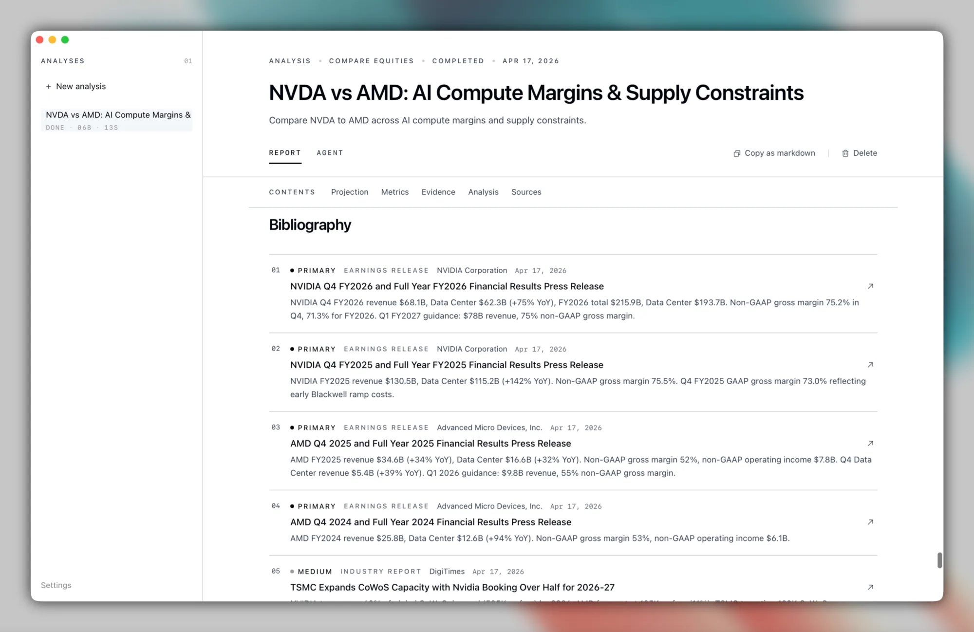 The sources panel listing every citation behind the report's claims.